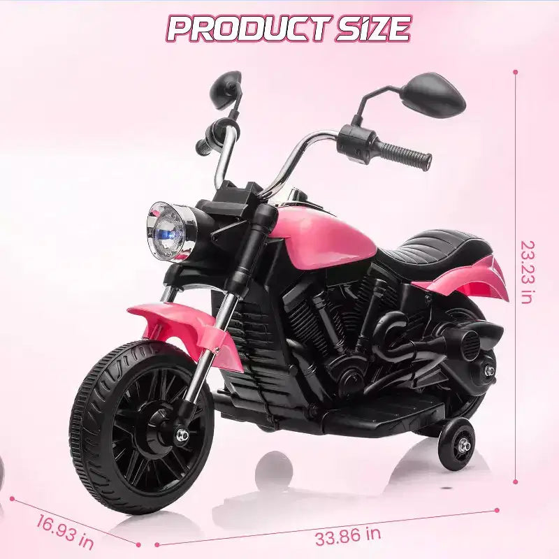 Moto électrique 12V pour enfants avec roulettes stabilisatrices, jouet à enfourcher à 3 roues, marche arrière, phare LED, klaxon et musique, capacité de 30 kg