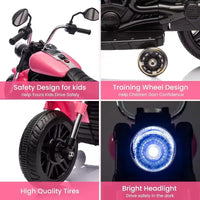 Moto électrique 12V pour enfants avec roulettes stabilisatrices, jouet à enfourcher à 3 roues, marche arrière, phare LED, klaxon et musique, capacité de 30 kg