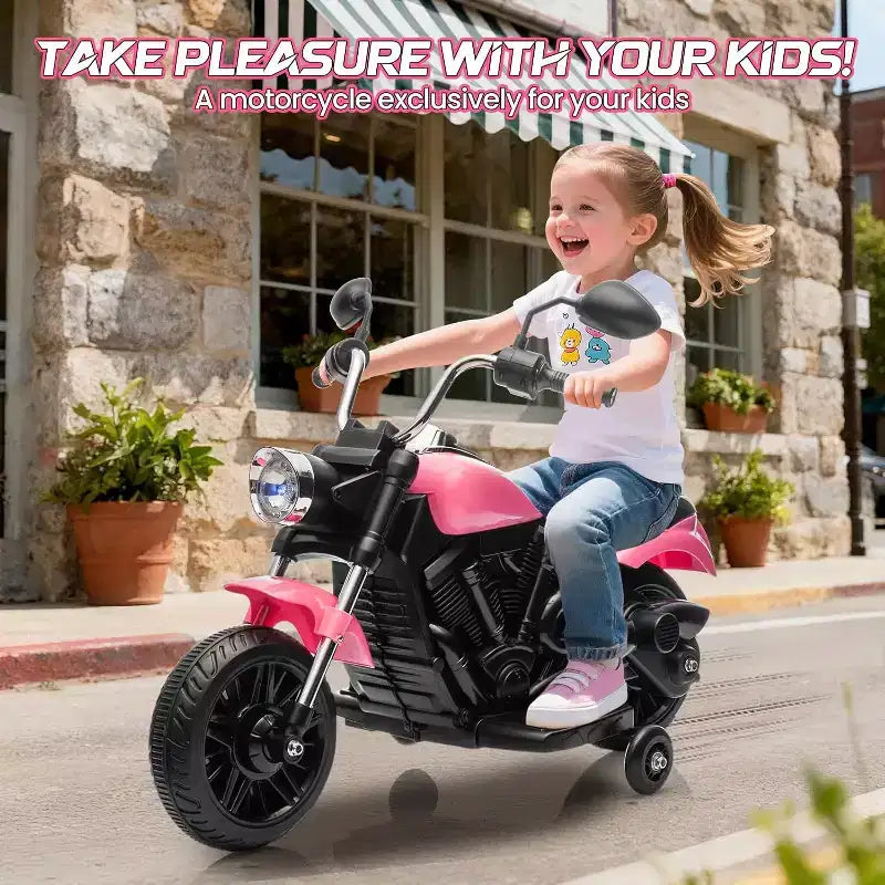 Moto électrique 12V pour enfants avec roulettes stabilisatrices, jouet à enfourcher à 3 roues, marche arrière, phare LED, klaxon et musique, capacité de 30 kg