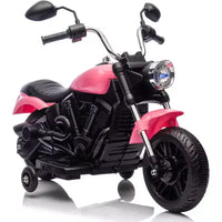 Moto électrique 12V pour enfants avec roulettes stabilisatrices, jouet à enfourcher à 3 roues, marche arrière, phare LED, klaxon et musique, capacité de 30 kg