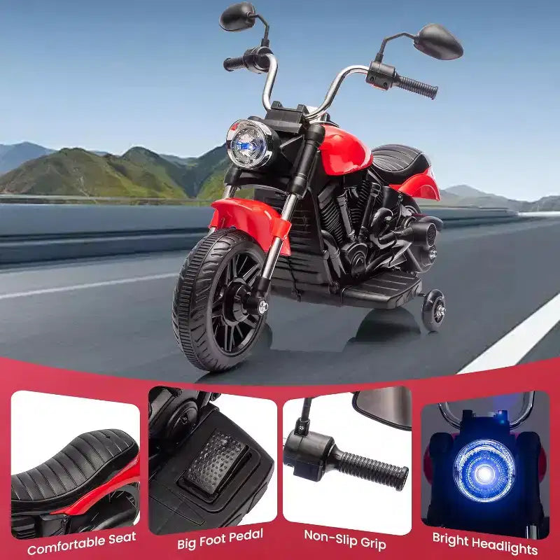 Moto électrique 12V pour enfants avec roulettes stabilisatrices, jouet à enfourcher à 3 roues, marche arrière, phare LED, klaxon et musique, capacité de 30 kg