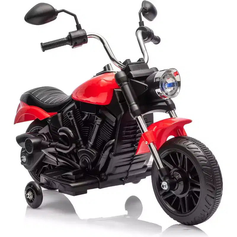 Moto électrique 12V pour enfants avec roulettes stabilisatrices, jouet à enfourcher à 3 roues, marche arrière, phare LED, klaxon et musique, capacité de 30 kg