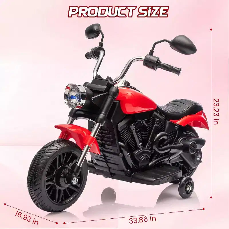 Moto électrique 12V pour enfants avec roulettes stabilisatrices, jouet à enfourcher à 3 roues, marche arrière, phare LED, klaxon et musique, capacité de 30 kg