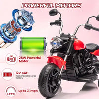 Moto électrique 12V pour enfants avec roulettes stabilisatrices, jouet à enfourcher à 3 roues, marche arrière, phare LED, klaxon et musique, capacité de 30 kg