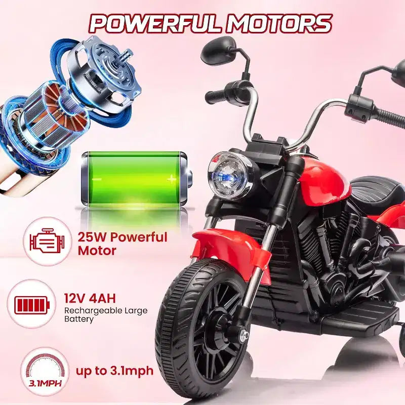 Moto électrique 12V pour enfants avec roulettes stabilisatrices, jouet à enfourcher à 3 roues, marche arrière, phare LED, klaxon et musique, capacité de 30 kg