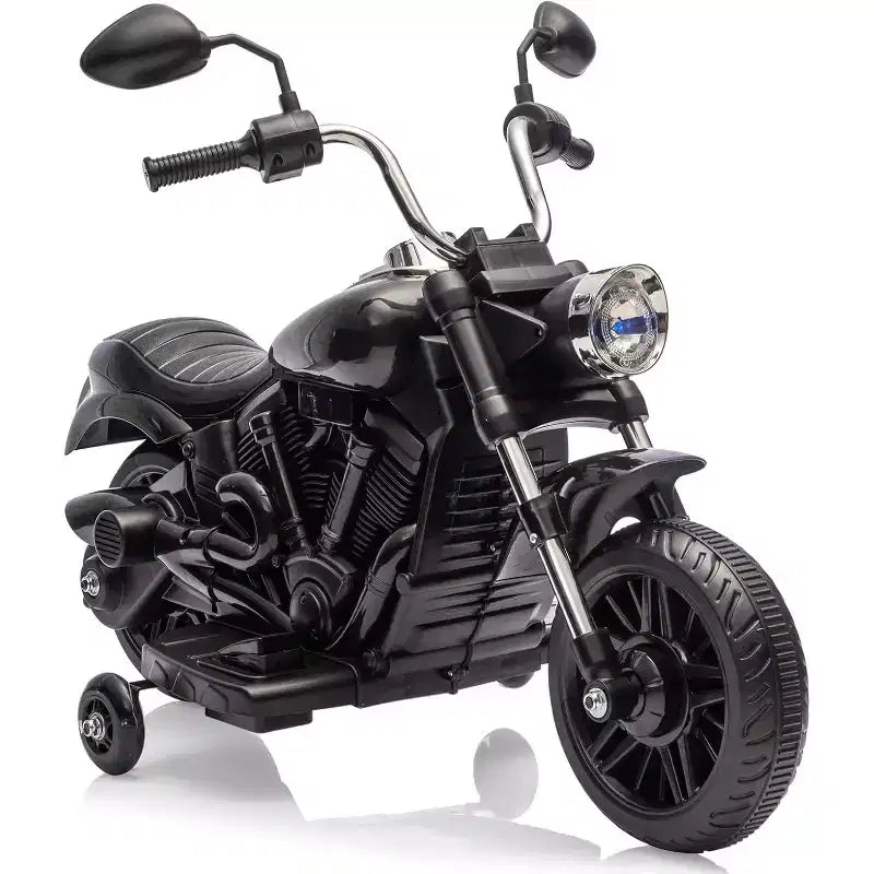 Moto électrique 12V pour enfants avec roulettes stabilisatrices, jouet à enfourcher à 3 roues, marche arrière, phare LED, klaxon et musique, capacité de 30 kg