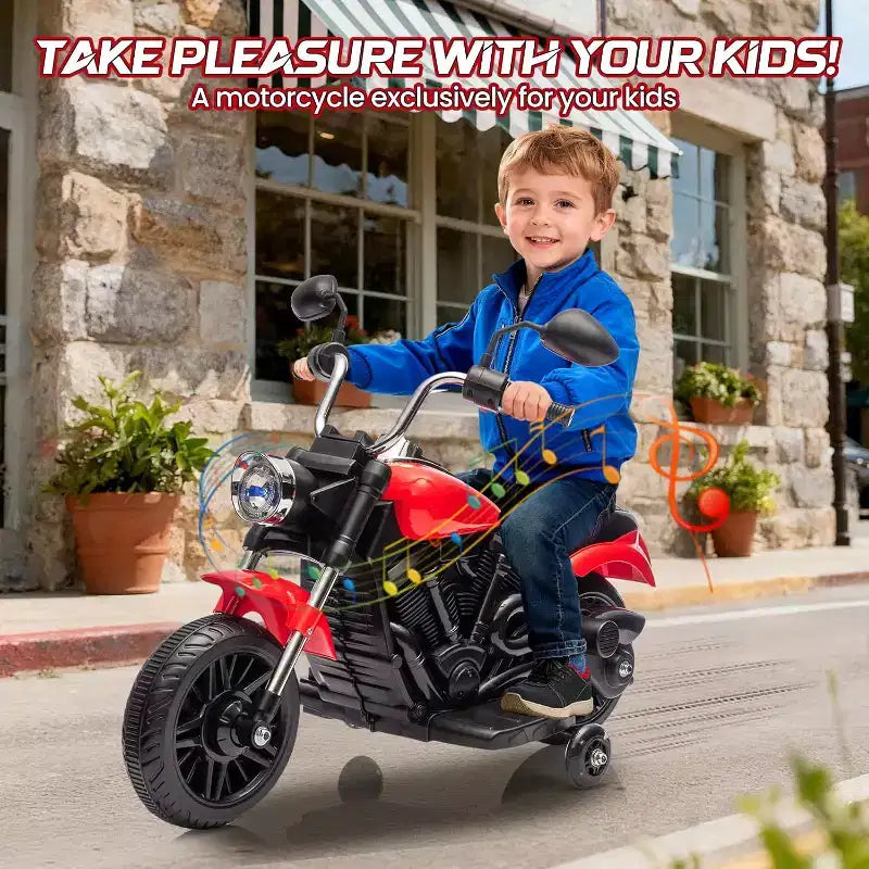 Moto électrique 12V pour enfants avec roulettes stabilisatrices, jouet à enfourcher à 3 roues, marche arrière, phare LED, klaxon et musique, capacité de 30 kg
