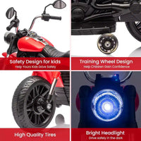 Moto électrique 12V pour enfants avec roulettes stabilisatrices, jouet à enfourcher à 3 roues, marche arrière, phare LED, klaxon et musique, capacité de 30 kg