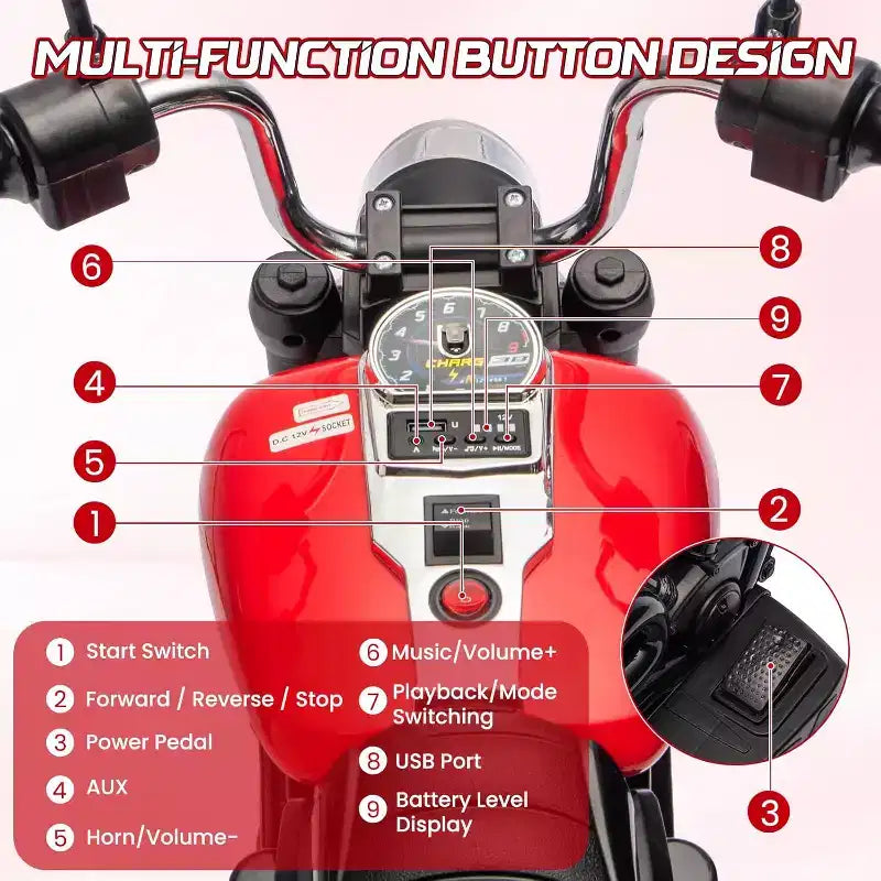 Moto électrique 12V pour enfants avec roulettes stabilisatrices, jouet à enfourcher à 3 roues, marche arrière, phare LED, klaxon et musique, capacité de 30 kg