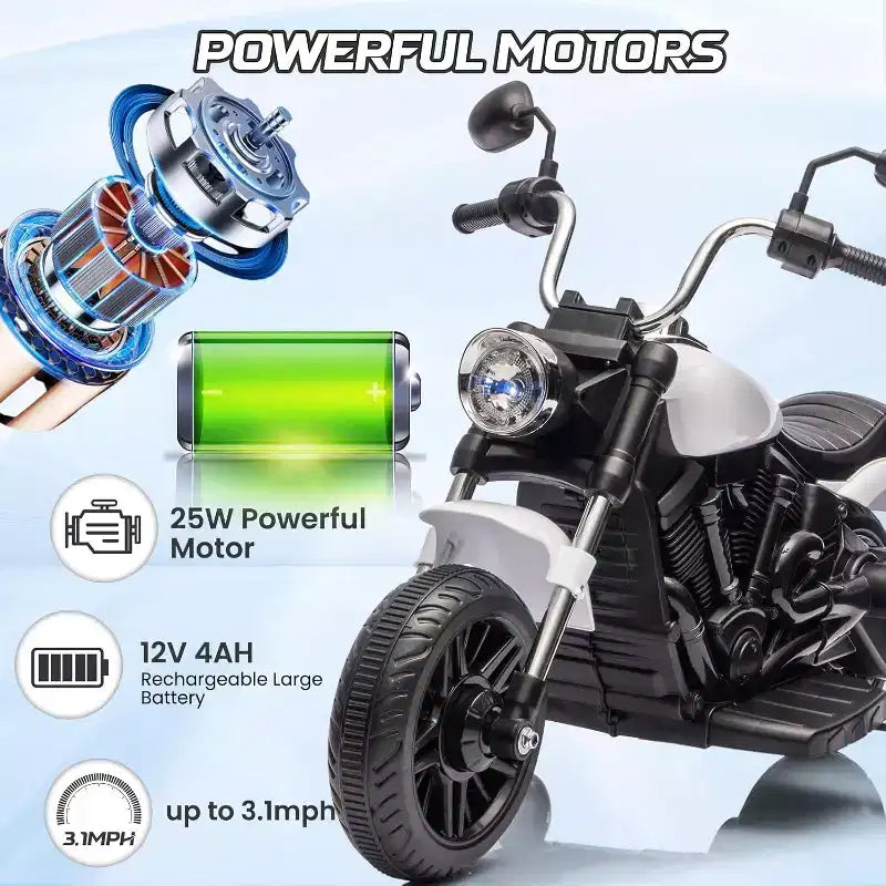 Moto électrique 12V pour enfants avec roulettes stabilisatrices, jouet à enfourcher à 3 roues, marche arrière, phare LED, klaxon et musique, capacité de 30 kg