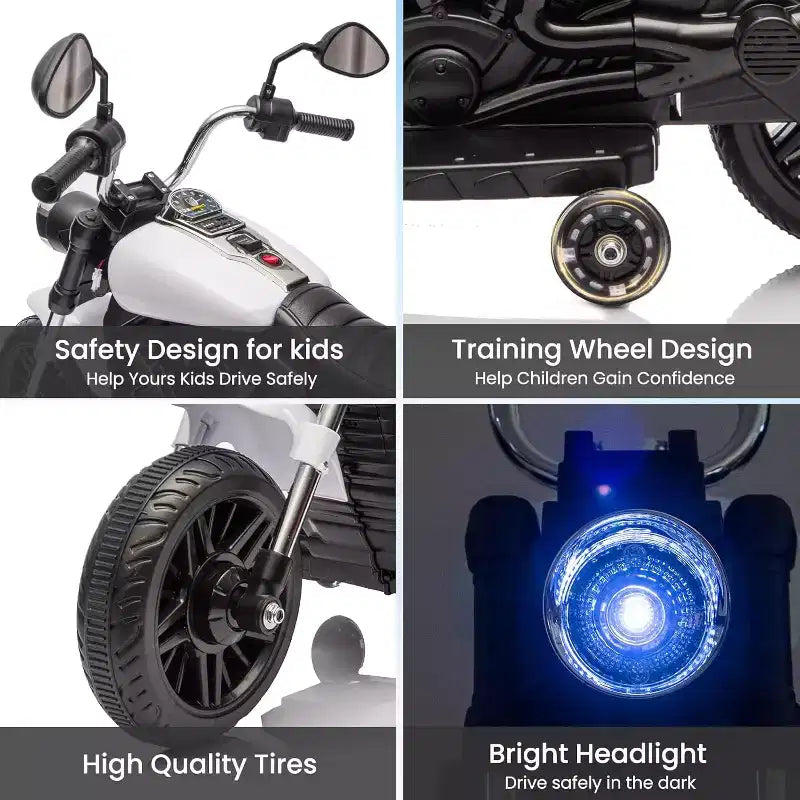 Moto électrique 12V pour enfants avec roulettes stabilisatrices, jouet à enfourcher à 3 roues, marche arrière, phare LED, klaxon et musique, capacité de 30 kg