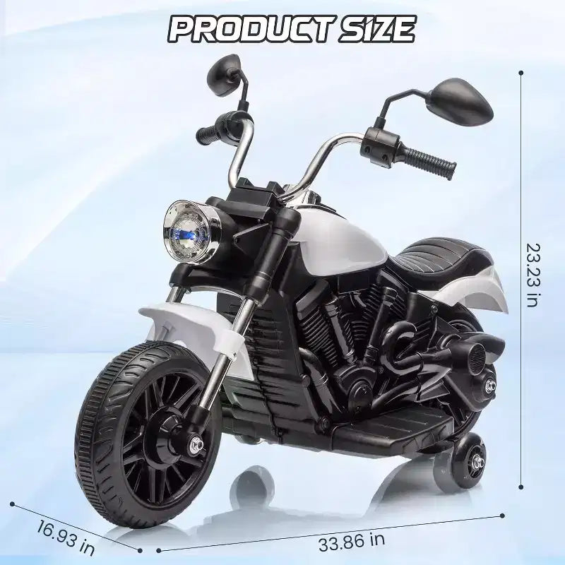 Moto électrique 12V pour enfants avec roulettes stabilisatrices, jouet à enfourcher à 3 roues, marche arrière, phare LED, klaxon et musique, capacité de 30 kg