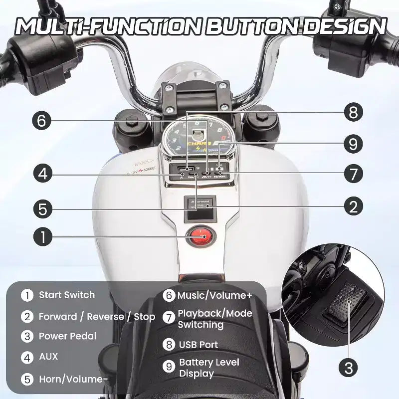 Moto électrique 12V pour enfants avec roulettes stabilisatrices, jouet à enfourcher à 3 roues, marche arrière, phare LED, klaxon et musique, capacité de 30 kg