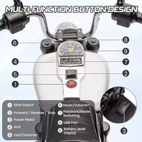 Moto électrique 12V pour enfants avec roulettes stabilisatrices, jouet à enfourcher à 3 roues, marche arrière, phare LED, klaxon et musique, capacité de 30 kg