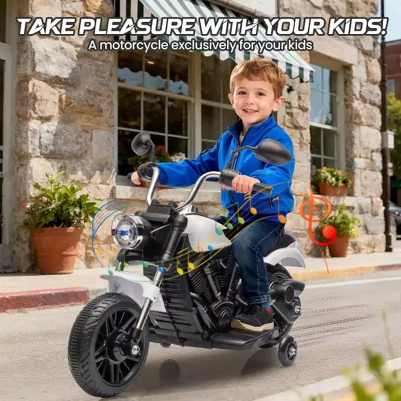 Moto électrique 12V pour enfants avec roulettes stabilisatrices, jouet à enfourcher à 3 roues, marche arrière, phare LED, klaxon et musique, capacité de 30 kg