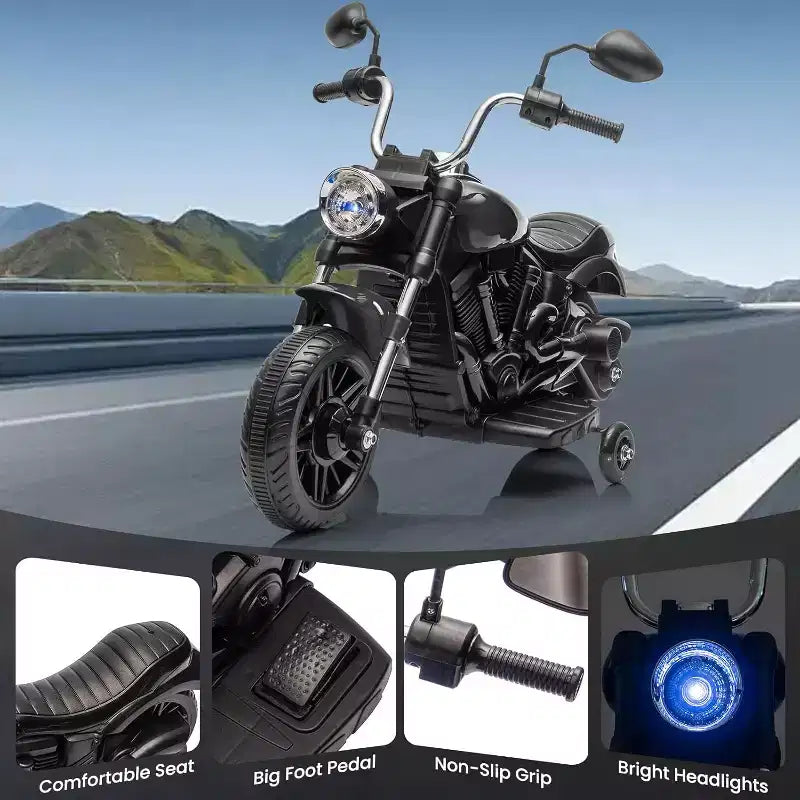 Moto électrique 12V pour enfants avec roulettes stabilisatrices, jouet à enfourcher à 3 roues, marche arrière, phare LED, klaxon et musique, capacité de 30 kg