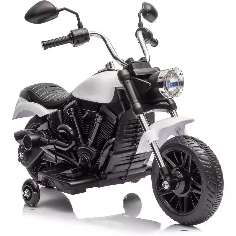 Moto électrique 12V pour enfants avec roulettes stabilisatrices, jouet à enfourcher à 3 roues, marche arrière, phare LED, klaxon et musique, capacité de 30 kg