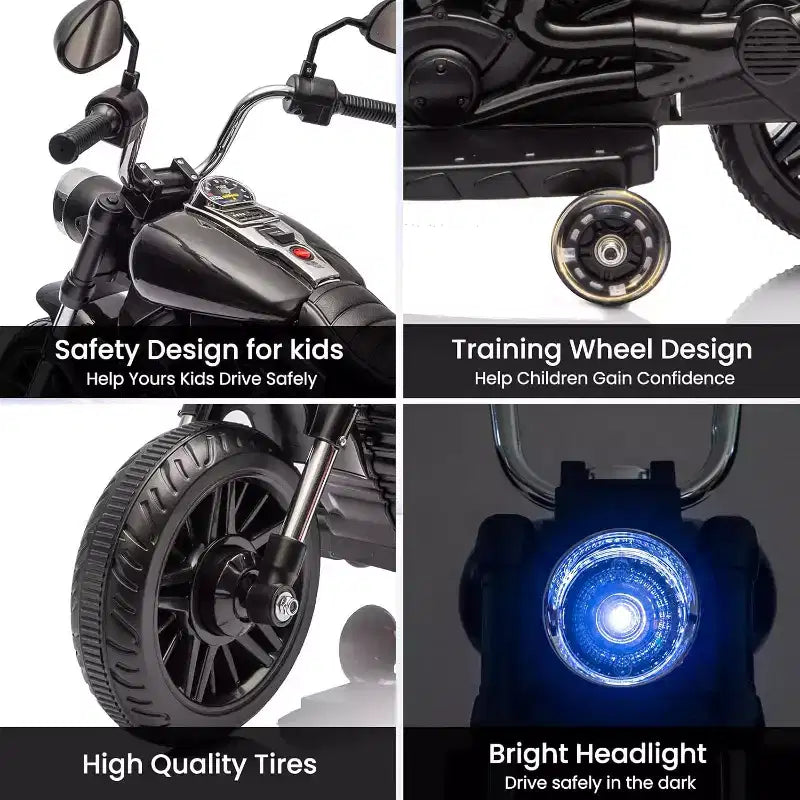 Moto électrique 12V pour enfants avec roulettes stabilisatrices, jouet à enfourcher à 3 roues, marche arrière, phare LED, klaxon et musique, capacité de 30 kg