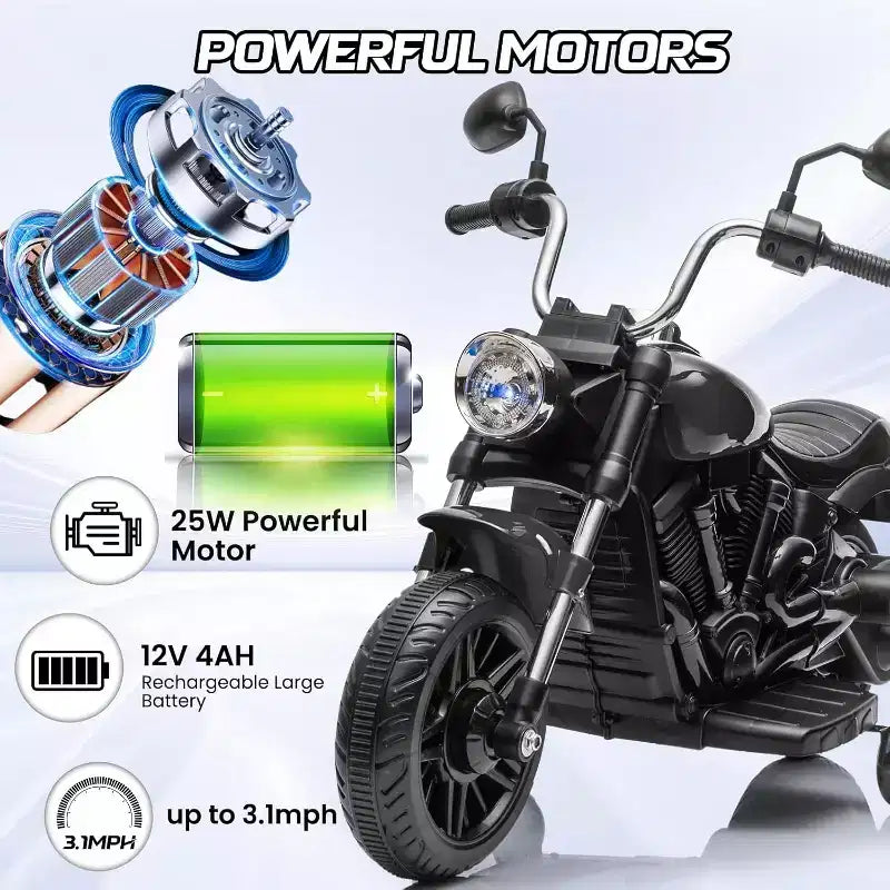 Moto électrique 12V pour enfants avec roulettes stabilisatrices, jouet à enfourcher à 3 roues, marche arrière, phare LED, klaxon et musique, capacité de 30 kg