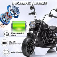 Moto électrique 12V pour enfants avec roulettes stabilisatrices, jouet à enfourcher à 3 roues, marche arrière, phare LED, klaxon et musique, capacité de 30 kg