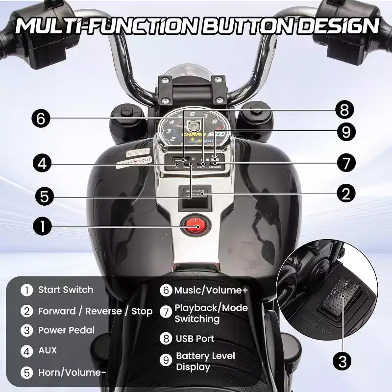 Moto électrique 12V pour enfants avec roulettes stabilisatrices, jouet à enfourcher à 3 roues, marche arrière, phare LED, klaxon et musique, capacité de 30 kg