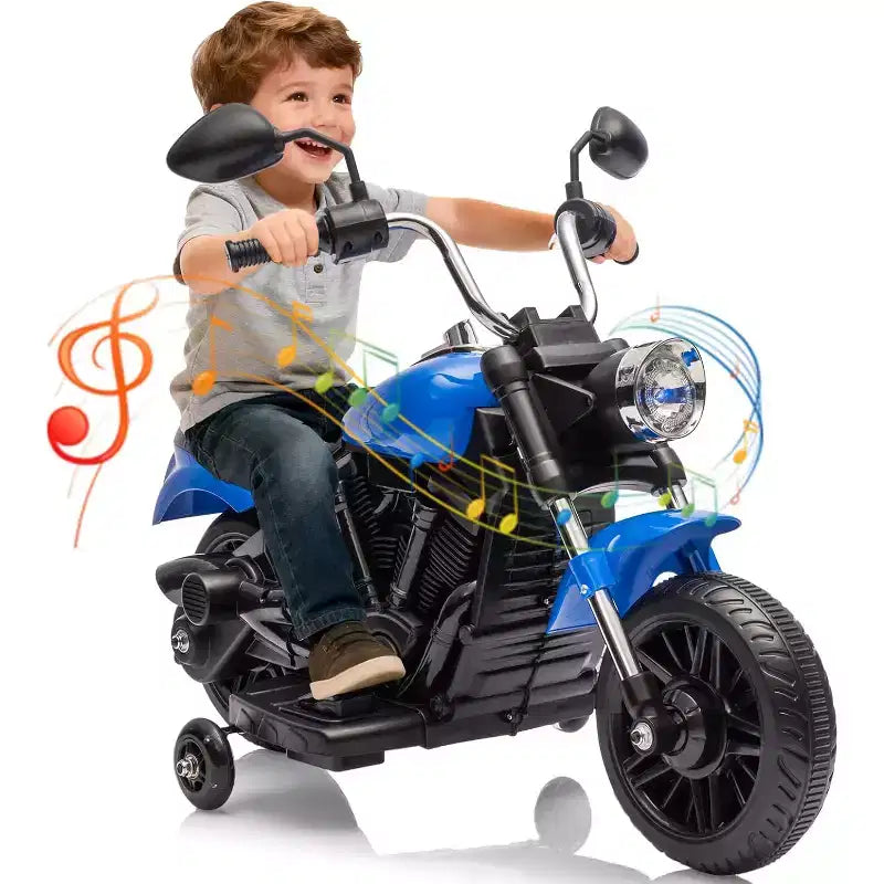 Moto électrique 12V pour enfants avec roulettes stabilisatrices, jouet à enfourcher à 3 roues, marche arrière, phare LED, klaxon et musique, capacité de 30 kg