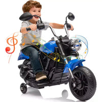 Moto électrique 12V pour enfants avec roulettes stabilisatrices, jouet à enfourcher à 3 roues, marche arrière, phare LED, klaxon et musique, capacité de 30 kg
