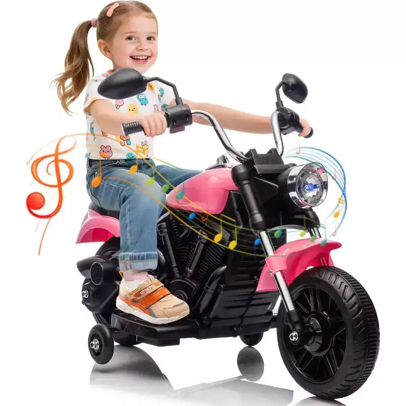 Moto électrique 12V pour enfants avec roulettes stabilisatrices, jouet à enfourcher à 3 roues, marche arrière, phare LED, klaxon et musique, capacité de 30 kg