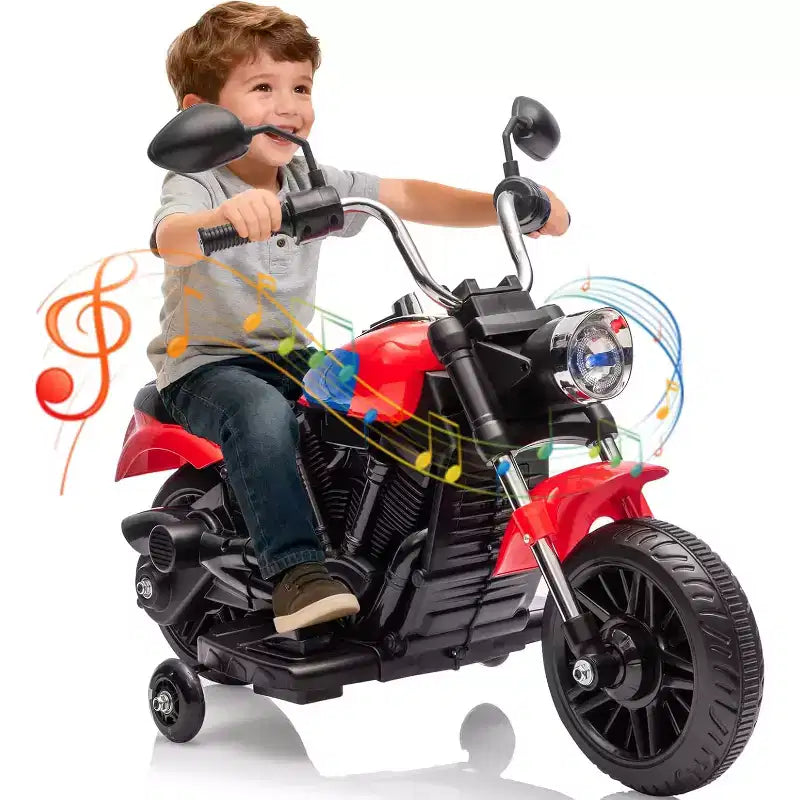 Moto électrique 12V pour enfants avec roulettes stabilisatrices, jouet à enfourcher à 3 roues, marche arrière, phare LED, klaxon et musique, capacité de 30 kg