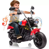 Moto électrique 12V pour enfants avec roulettes stabilisatrices, jouet à enfourcher à 3 roues, marche arrière, phare LED, klaxon et musique, capacité de 30 kg