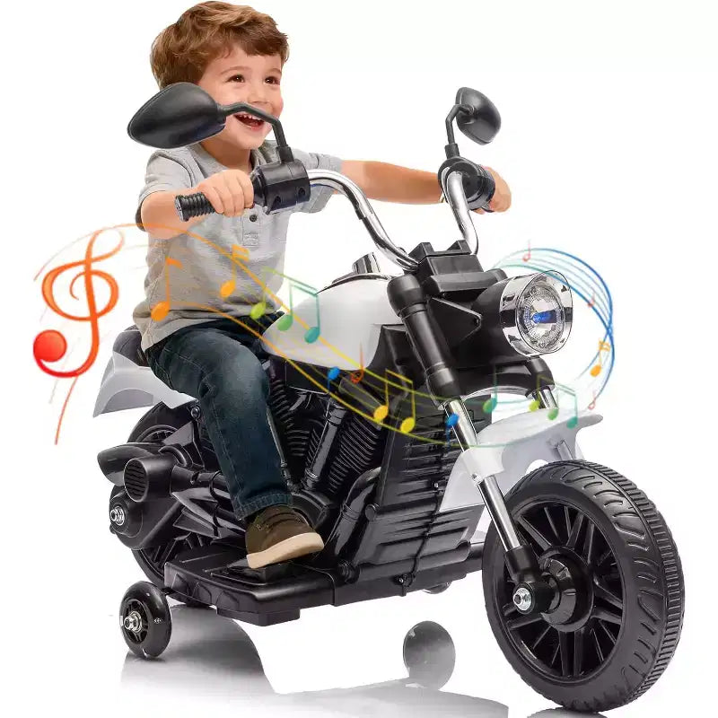 Moto électrique 12V pour enfants avec roulettes stabilisatrices, jouet à enfourcher à 3 roues, marche arrière, phare LED, klaxon et musique, capacité de 30 kg