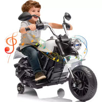 Moto électrique 12V pour enfants avec roulettes stabilisatrices, jouet à enfourcher à 3 roues, marche arrière, phare LED, klaxon et musique, capacité de 30 kg