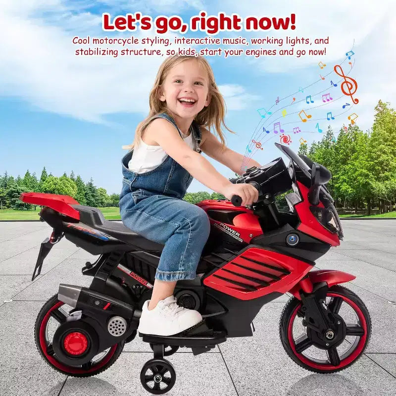 Moto électrique pour enfants, alimentée par batterie 6V, avec pneus sculptés, klaxon, musique, roulettes stabilisatrices