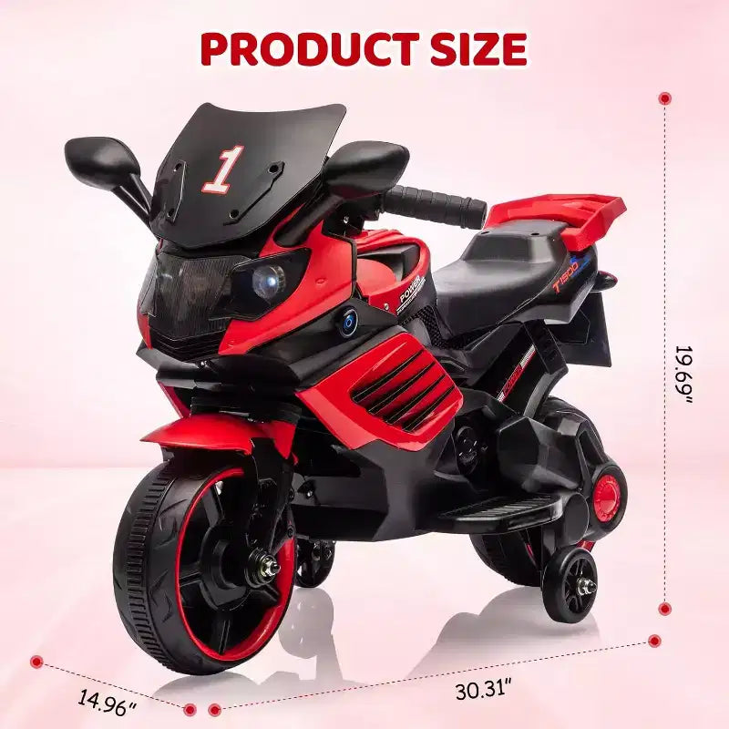 Moto électrique pour enfants, alimentée par batterie 6V, avec pneus sculptés, klaxon, musique, roulettes stabilisatrices