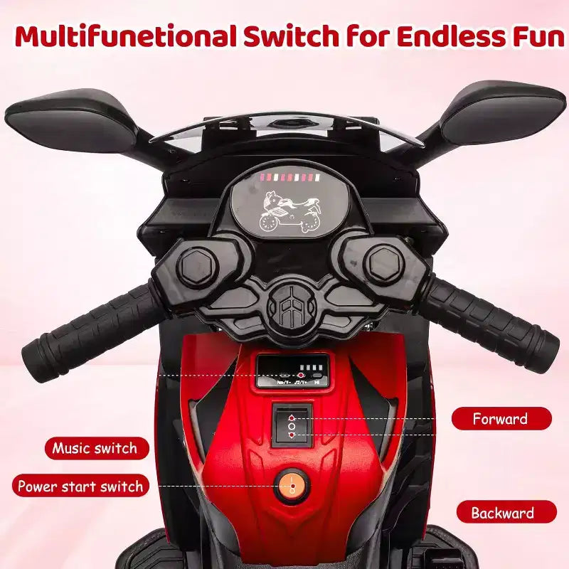 Moto électrique pour enfants, alimentée par batterie 6V, avec pneus sculptés, klaxon, musique, roulettes stabilisatrices