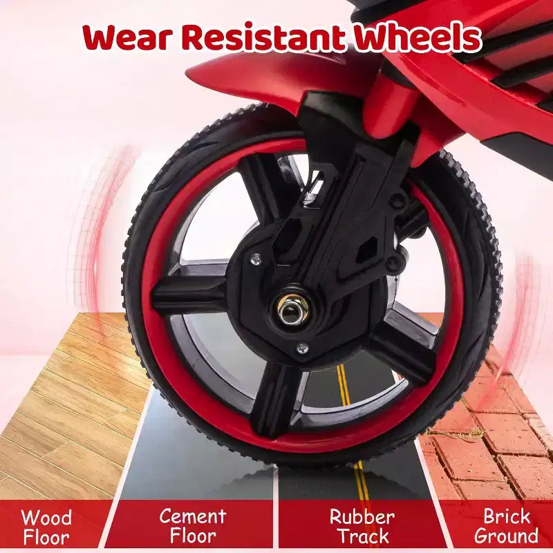 Moto électrique pour enfants, alimentée par batterie 6V, avec pneus sculptés, klaxon, musique, roulettes stabilisatrices