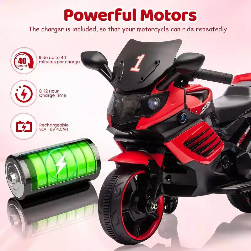Moto électrique pour enfants, alimentée par batterie 6V, avec pneus sculptés, klaxon, musique, roulettes stabilisatrices