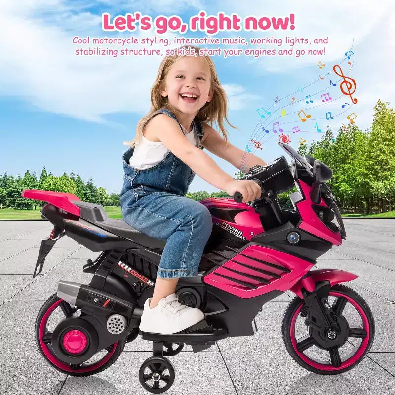 Moto électrique pour enfants, alimentée par batterie 6V, avec pneus sculptés, klaxon, musique, roulettes stabilisatrices