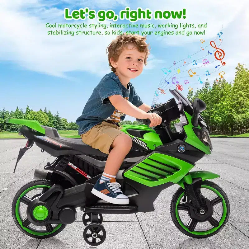 Moto électrique pour enfants, alimentée par batterie 6V, avec pneus sculptés, klaxon, musique, roulettes stabilisatrices