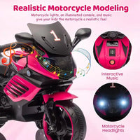 Moto électrique pour enfants, alimentée par batterie 6V, avec pneus sculptés, klaxon, musique, roulettes stabilisatrices