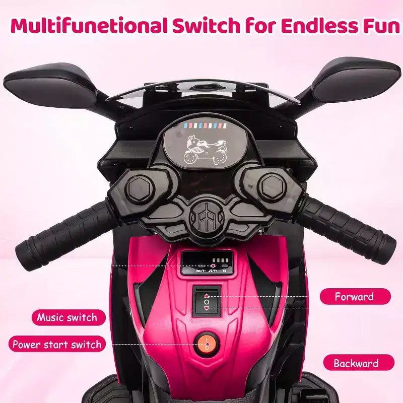 Moto électrique pour enfants, alimentée par batterie 6V, avec pneus sculptés, klaxon, musique, roulettes stabilisatrices