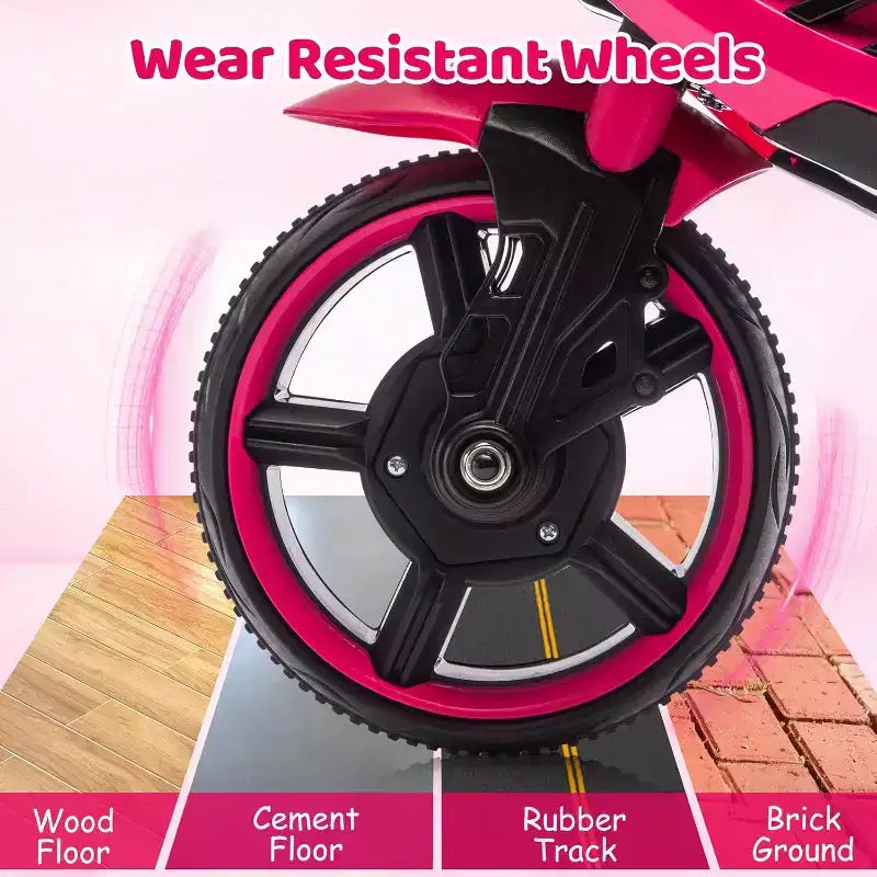 Moto électrique pour enfants, alimentée par batterie 6V, avec pneus sculptés, klaxon, musique, roulettes stabilisatrices