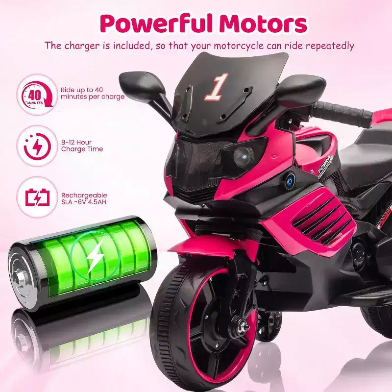 Moto électrique pour enfants, alimentée par batterie 6V, avec pneus sculptés, klaxon, musique, roulettes stabilisatrices