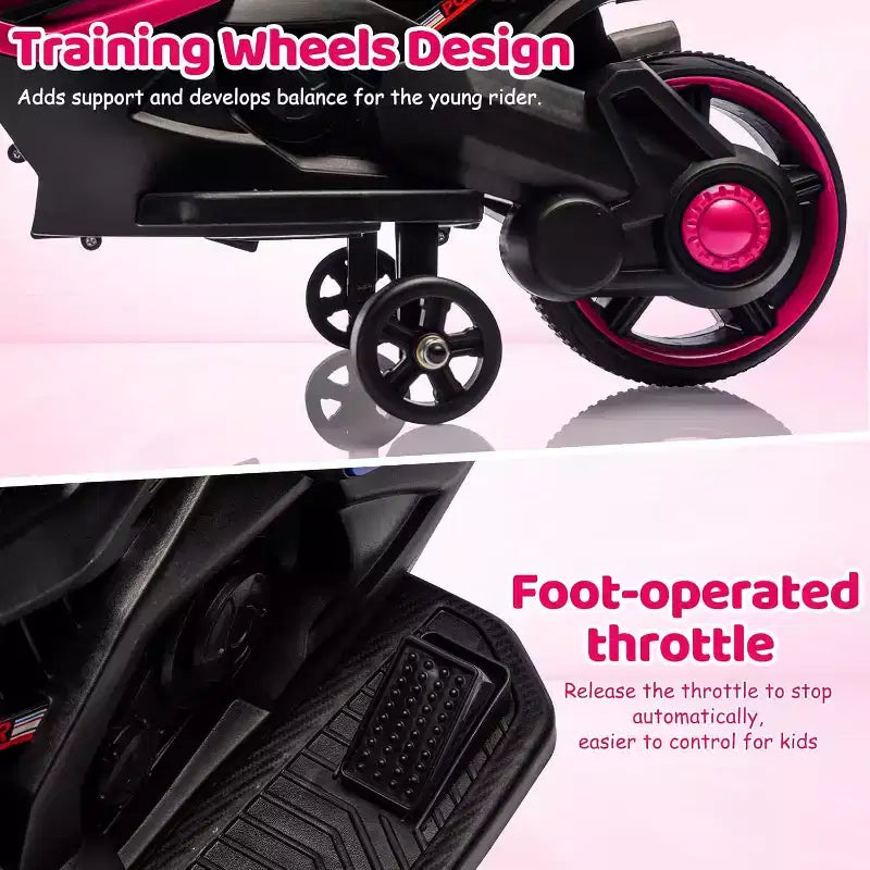 Moto électrique pour enfants, alimentée par batterie 6V, avec pneus sculptés, klaxon, musique, roulettes stabilisatrices