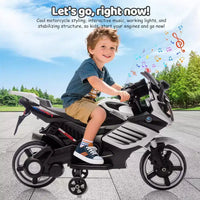 Moto électrique pour enfants, alimentée par batterie 6V, avec pneus sculptés, klaxon, musique, roulettes stabilisatrices
