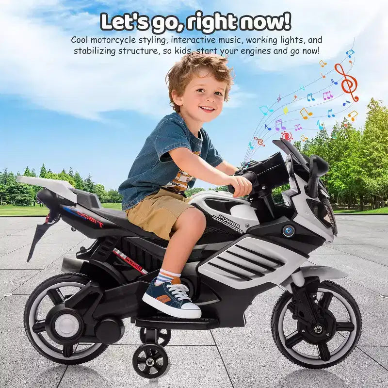 Moto électrique pour enfants, alimentée par batterie 6V, avec pneus sculptés, klaxon, musique, roulettes stabilisatrices