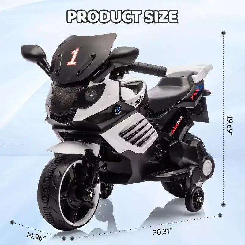 Moto électrique pour enfants, alimentée par batterie 6V, avec pneus sculptés, klaxon, musique, roulettes stabilisatrices