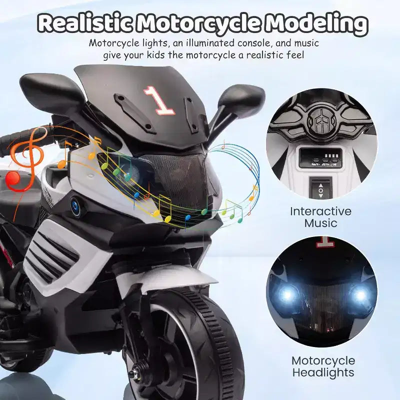 Moto électrique pour enfants, alimentée par batterie 6V, avec pneus sculptés, klaxon, musique, roulettes stabilisatrices
