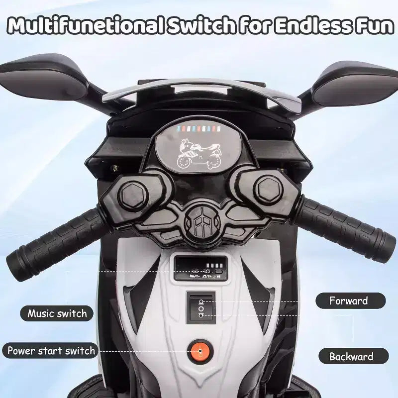 Moto électrique pour enfants, alimentée par batterie 6V, avec pneus sculptés, klaxon, musique, roulettes stabilisatrices