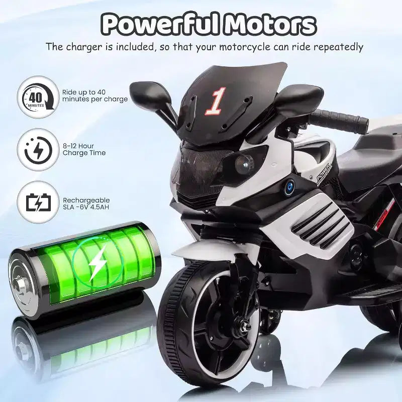 Moto électrique pour enfants, alimentée par batterie 6V, avec pneus sculptés, klaxon, musique, roulettes stabilisatrices